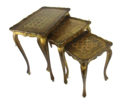 3 Italian Florentine Hollywood Regency Stacking Wood Nesting Tables Blue Gold