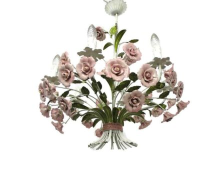Vintage Chandelier Porcelain Pink Flowers 6 Lights Toleware French Bouquet