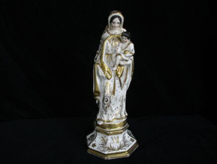 Large Antique 1900 Vieux Paris Porcelain Bisque Statue Virgin Mary Madonna with Infant 11.81"