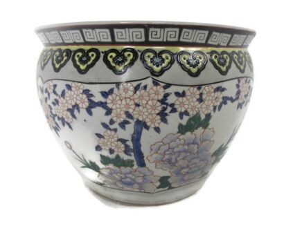 Vintage Chinese Porcelain Enamel  Koi Fish Bowl Planter Vase Butterflies Flowers Cachepot