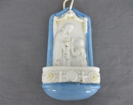 Antique Holy Water Font Vessel Jesus Christ  giving Communion to Little Girl Wall Hanging Lovely Religious Porcelain