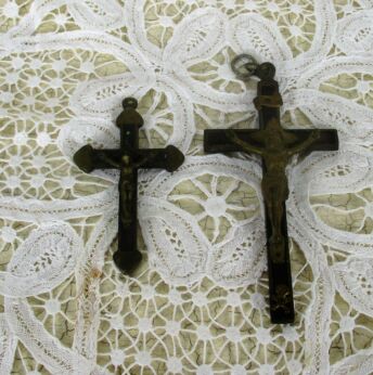 2 Small antique Brass Hanging Crucifixes Cross Jesus Christ Priest Nun Catholic