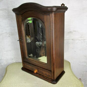 Vintage Oak Inlay Kitchen Apothecary Wall Cabinet Beveled glass mirror Gorgeous