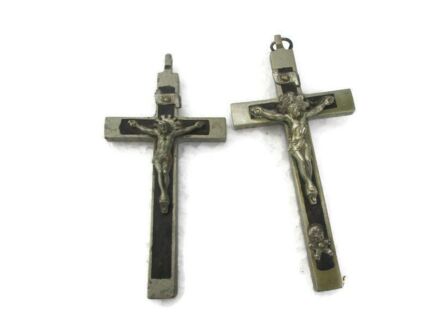 two Small antique Hanging Crucifixes Jesus Christ Priest Nun