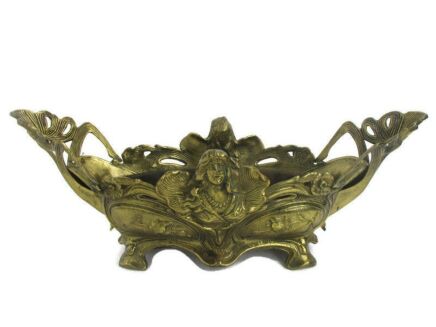 L Art Nouveau French Planter Jardinière Ornate Embossed Centerpiece Brass Mermaids Womens heads