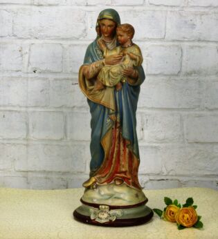 Beautiful Statue Lady of Sacré Coeur Virgin Infant Child Snake under Her feet