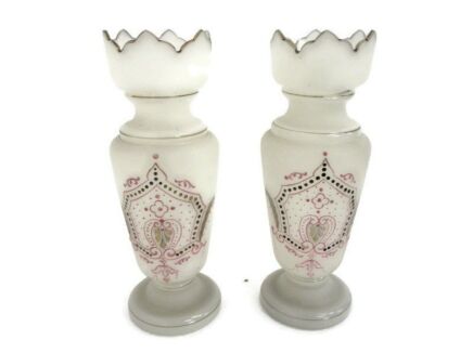 Couple Vintage Mid Century Modern Opaline Cased Hand Blown Glass Vases Enamel Lovely