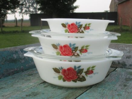 Set of 3 JAJ English Pyrex, Cottage Rose Pattern, Casserole Dishes Romantic Lid