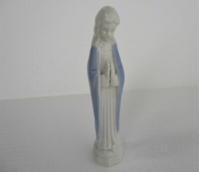 Porcelain Statue Virgin Mary Madonna Our Lady Folded Hands Blue Glazed 6.69"