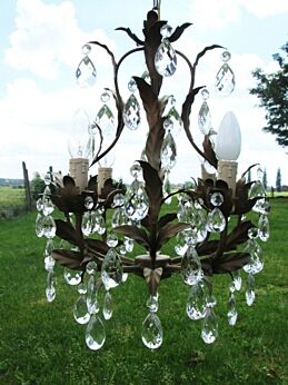 Italian Tole Crystal Hollywood Regency Florentine Floral Leaves Chandelier Vintage