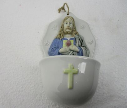Vintage Holy Water Font Vessel Bisque Porcelain Marked grafenthal Germany Jesus Christ