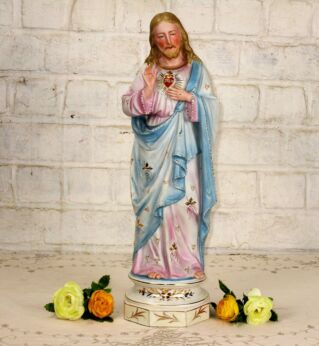 Gorgeous Vintage Holy Heart Jesus Christ Porcelain French Statue Heavenly Blue