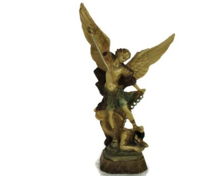 Small statue Figurine Archangel Michael slaying the Dragon Italian Hard Plastic polychrome 8.26"