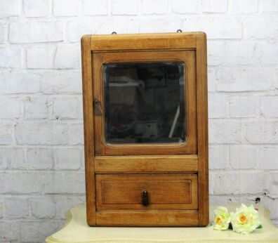 Antique French Massive Oak medicine bathroom Cabinet Beveled Glass mirror