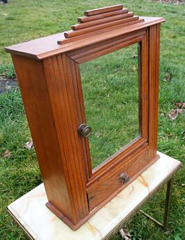 Vintage French Beech Wood Display Medicine Cabinet Glass Mirror Carved Wood
