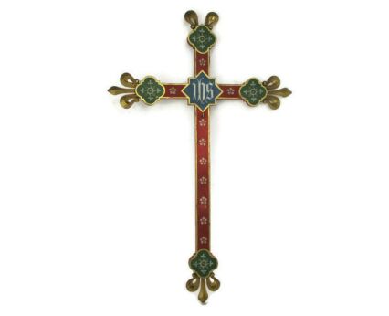 French Polychrome Antique Crucifix 19th C Fleur de Lis Plaster Corpus 27.16" WOW