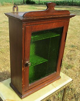 Vintage French Wood Medicine Wall Cabinet Apothecary Display Glass Door