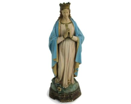 Virgin Mary Crowned Madonna Treading on Snake Plaster Statue Polychrome 21.45"