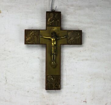Modernist Hanging Ornate Wood Crucifix Cross Brass Plaque 4 Evangelists HTF