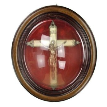 Antique L Oval Ornate Wooden Frame Red Velvet Convex Glass Dome Crucifix