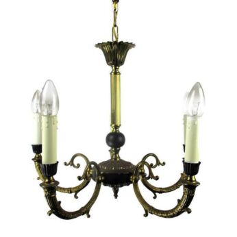 French Empire Pan Chandelier Green Wood Tole Brass 5 arms Hollywood Regency