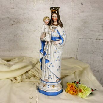 Antique Porcelain Bisque Statue Virgin Mary Our Lady with Infant Child HTF