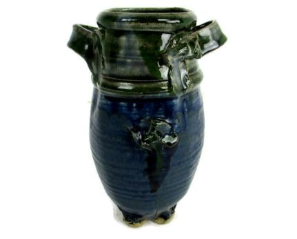 Vase with Two Handles Pottery Faience French Lovely Vintage Blue green