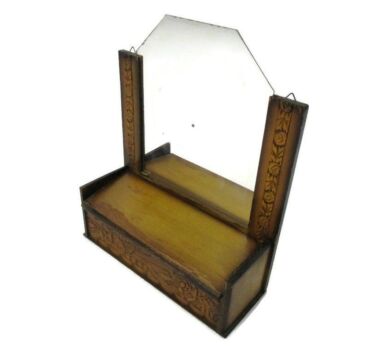 Vintage Hand Carved Wood Comb Box Wall hanging Cabinet Mirror Mid Century