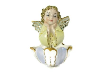 Italian Fontanini Ceramique Holy Water Font Angel Hand Painted Collector HTF Lovely