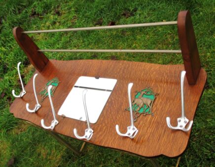 Vintage Wooden Wall Rack Shelf Coat Hooks Mirror Mid Century Deer Hunter