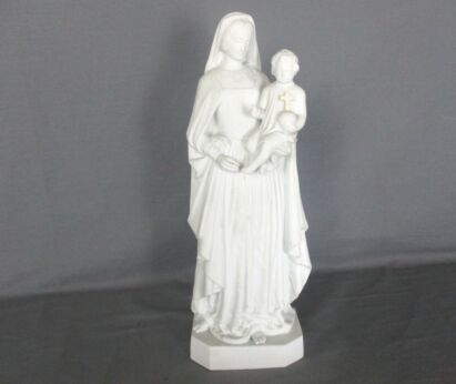 Antique 1900 Bisque Statue Virgin Mary Our Lady Madonna Infant Jesus Marked   14.56"