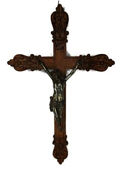 French Fleur de Lis Large Hand Carved Oak Hanging Crucifix Cross Jesus Christ
