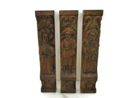 set of 3 Corbels Hand Carved Oak Panels Architectural Bruegel Style Reclaimed Figurines Finials Gorgeous Antique
