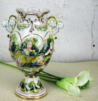 Vintage Capodimonte Porcelain Vase Putti Playing in the Garden Two Leaf Handles