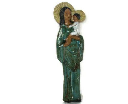 Mid Century Design Ceramic Holy Virgin Infant Jesus Ceramic Marked era Amphora Modernist Wall Hanging
