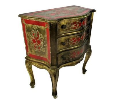 Florentine Nightstand End Table Hall Cabinet Chest of Drawers Gold Red Vintage