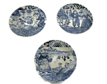 set of 3 Lovely Boch Plates Decorative Blue White small plates Dutch Children Playing Nostalgic Delft Blue Geese Sweet