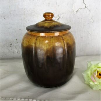 Antique Tobacco Jar Humidor Ceramic Pottery Majolica Brown Yellow Glazed 1914