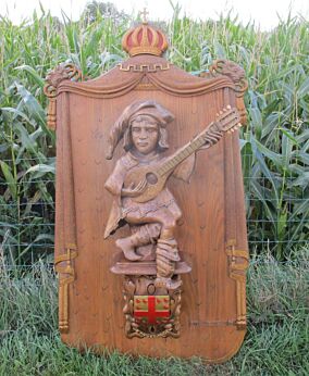 Large Hand Carved Wood Panel Troubadour Minstrel Bard Viola Signed Van den Abeele