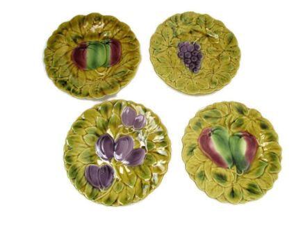 set of 4 Sarreguemines Marked Fruit Plates Platte French Pottery Faience Majolica