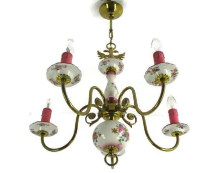 Chandelier 5 Arm Lights Brass Porcelain Flowers Italian Italy Fixture Eagle