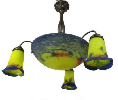 Art Nouveau Deco Jean Noverdy Signed French Pate de Verre Chandelier Polychrome