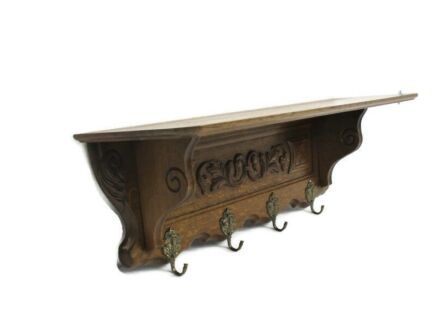 Retro Carved Wood Wall Shelf Coat Hat Kitchen Rack Breughel Style Farm Country