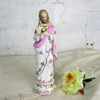 Antique French Statue Bisque Porcelain Jesus Christ Saviour Pink Sweet 9.25"