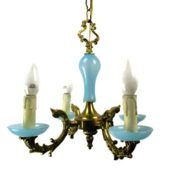 Opaline Baby Blue Brass Chandelier Romantic 4 Arm Light Hollywood Regency