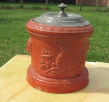 Antique Tobacco Jar Humidor Red Orange Terracotta pewter Lid Deer Lion
