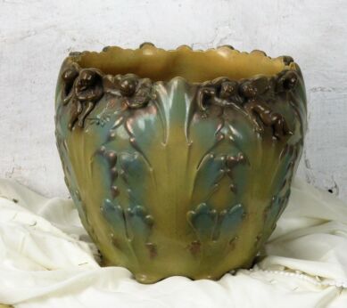 Antique Large Planter Sarreguemines Marked French Pottery Faience Putti Angels
