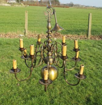 Antique Flemish Dutch Double 12 Arms Chandelier Pendant Lights Brass Eagle Fish