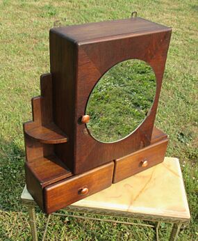 Vintage Wood Medicine Wall Cabinet Apothecary round Mirror 2 Drawers Display