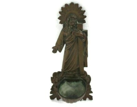 Bronze Embossed Holy Water Font Jesus Christ Carrying His Cross Angels Wall Hanging HTF